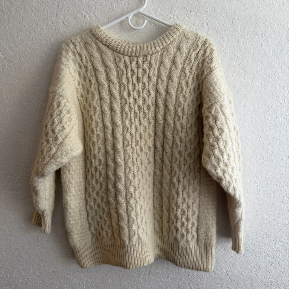 Vtg Irish Wool Fisherman Sweater Aran Knit Chunky Ivory Cable Knit Cream *READ*